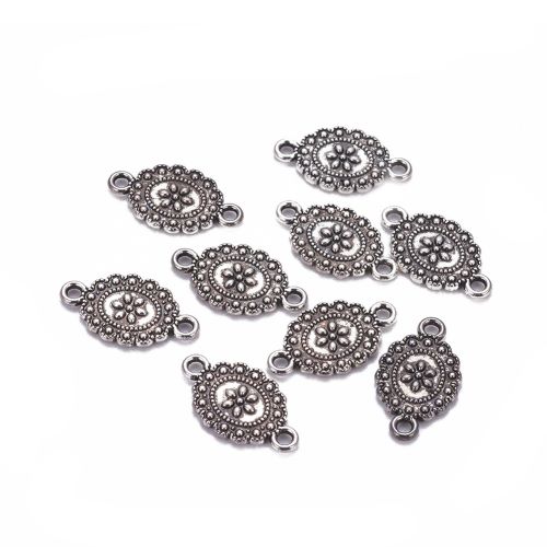 Oválek s kytičkou, přívěsek se dvěma očky, starostříbrný, kovový, 10 ks