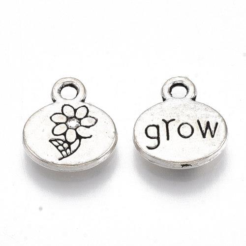 Kolečko s kytičkou a nápisem grow, přívěsek starostříbrný, kovový, 10 ks