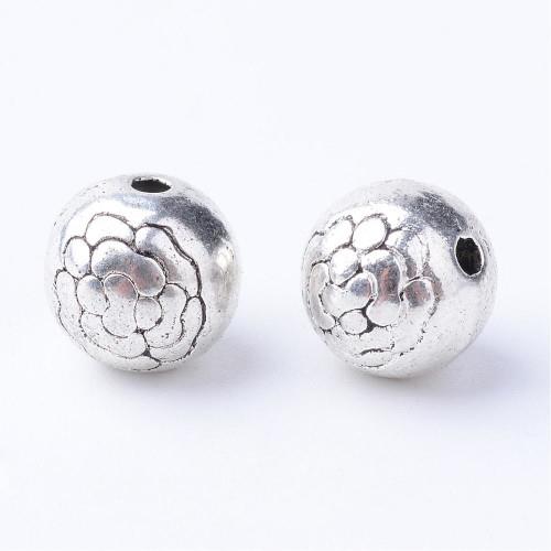 Kulička s kytičkou, korálek starostříbrný, kovový, 10 ks