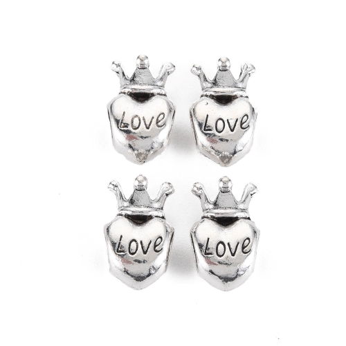 Srdíčko s korunkou a nápisem love, korálek starostříbrný, kovový, 50 ks