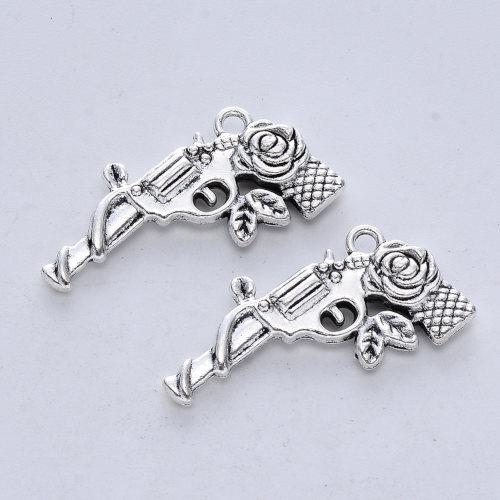 Pistole s růží, starostříbrný, kovový, přívěsek, 10 ks