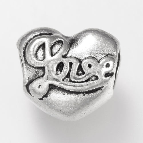 Srdíčko s nápisem LOVE a velkým otvorem, starostříbrný korálek, 10ks