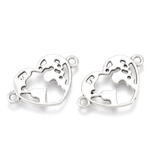 Srdíčko se zeměkoulí, přívěsek se dvěma očky, kovový, starostříbrný, 10 ks