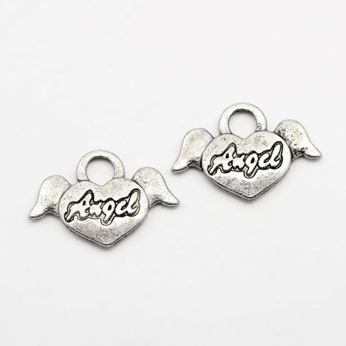 Srdíčko s křídly a nápisem angel, přívěsek kovový, starostříbrný, 50 ks
