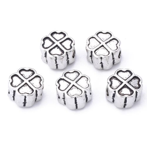 Čtyřlístek, korálek s velkým otvorem, starostříbrný, kovový, 10 ks