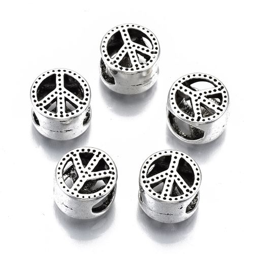 Symbol míru PEACE, korálek s velkým otvorem, starostříbrný, kovový, 50 ks