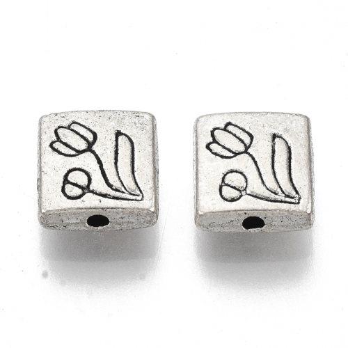 Tulipán ve čtverečku, korálek starostříbrný, kovový, 10 ks