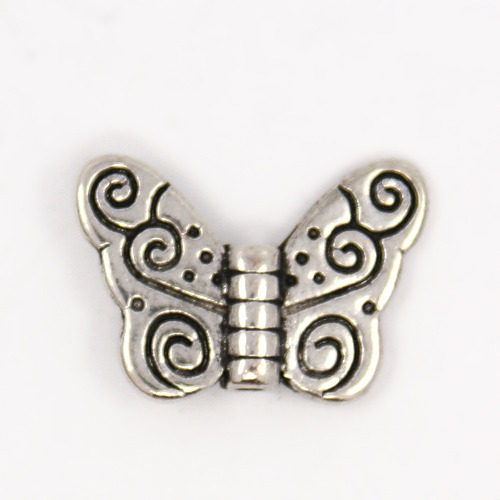 Motýlek se spirálkami, starostříbrný, kovový korálek, 10 ks