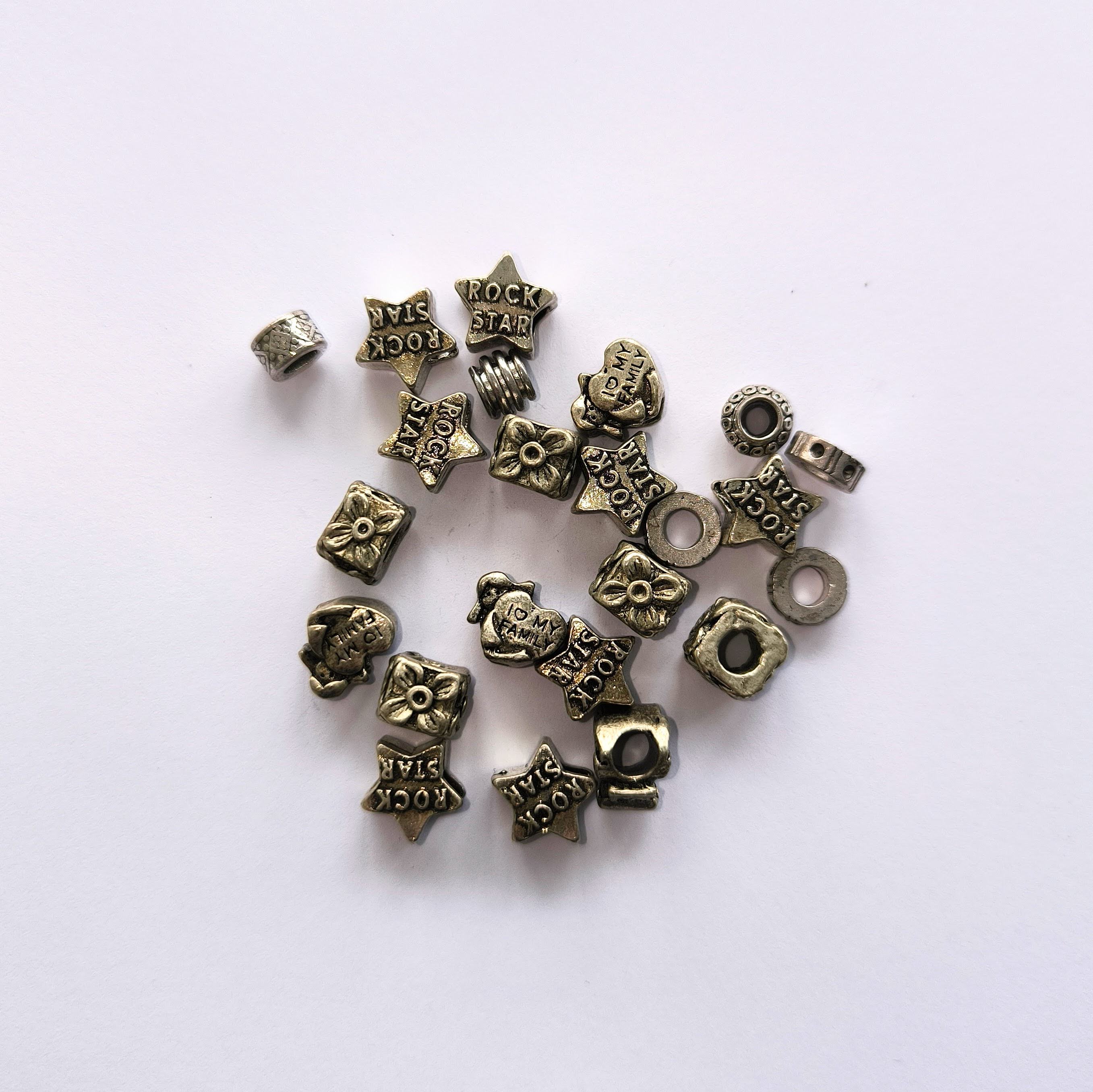 Mix korálků s velkým otvorem, kovových, starostříbrných, 50 ks