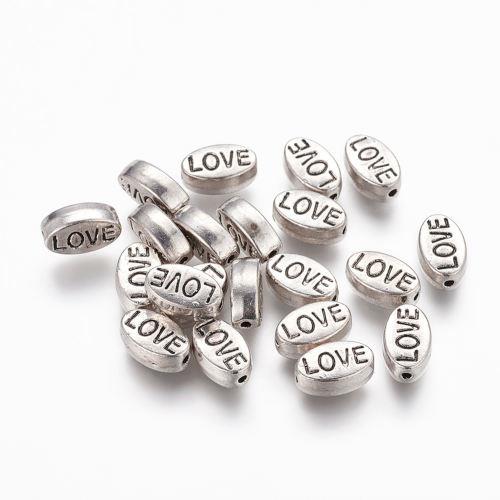 Oválek s nápisem love, korálek, starostříbrný, kovový, 50 ks