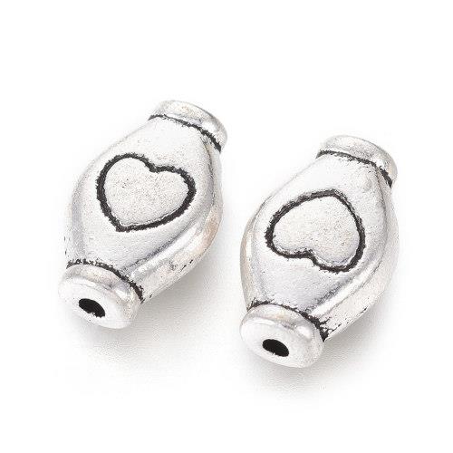 Oválek se srdíčkem, korálek, starostříbrný, kovový, 10 ks